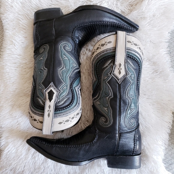 SALE🔥 Black Butterfly Snip Toe Lizard Western Boots Mexican Botas - Picture 8 of 16